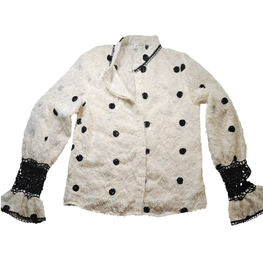 SOLO Fashion Blouse Small White Faux Fur Polka Dot Crochet Lace Bell Sleeve Top